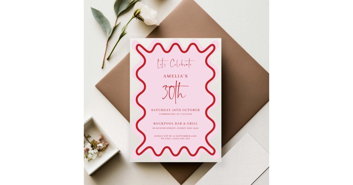 Red Pink Wavy Border 30th Birthday Invitation | Zazzle