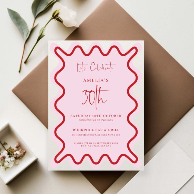 Red Pink Wavy Border 30th Birthday Invitation (Creator Uploaded)