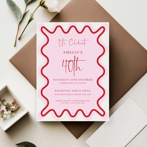 Red Pink Wavy Border 40th Birthday Invitation