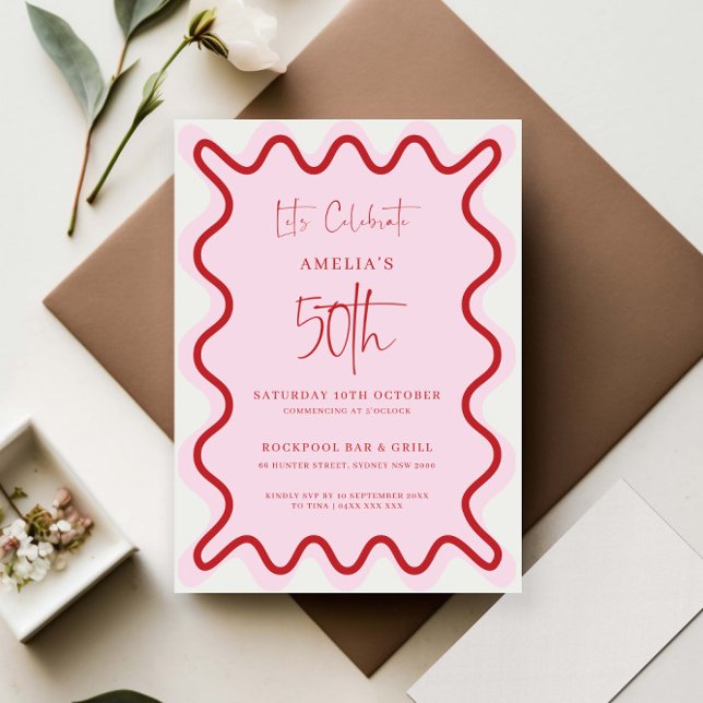 Red Pink Wavy Border 50th Birthday Invitation (Creator Uploaded)