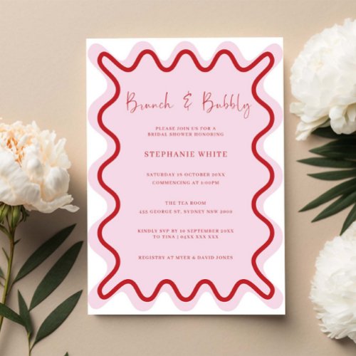 Red Pink Wavy Border Brunch and Bubbly Invitation