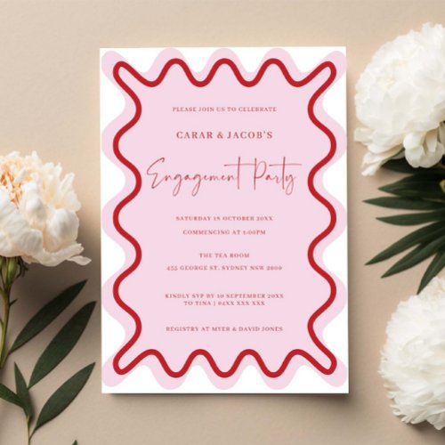 Red Pink Wavy Border Engagement Party Invitation