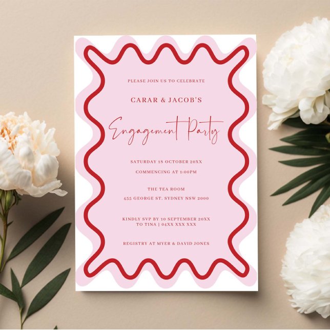 Red Pink Wavy Border Engagement Party Invitation (Creator Uploaded)