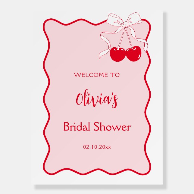 Red Pink Wavy Bow Cherry Bridal Shower Welcome Foam Board (Front)