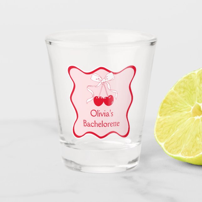 Red Pink Wavy Bow Cherry On Top Bachelorette Shot Glass (Front)