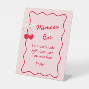 Red Pink Wavy Cherry Bow Bridal Shower Mimosa Bar Pedestal Sign