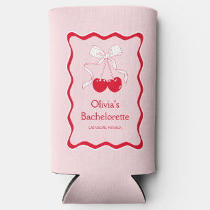 Red Pink Wavy Cherry On Top Bow Bachelorette Party Seltzer Can Cooler