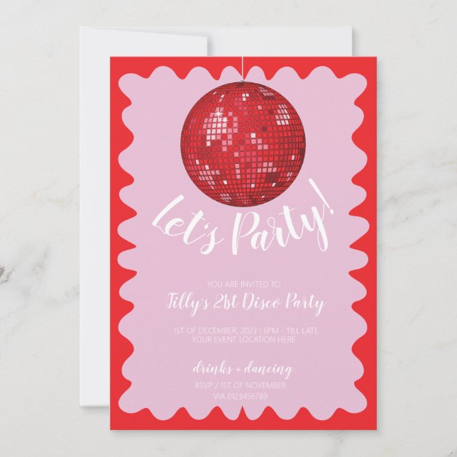 Red pink wavy disco ball birthday party invitation (Front)