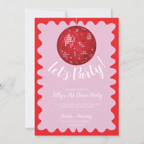 Red pink wavy disco ball birthday party invitation