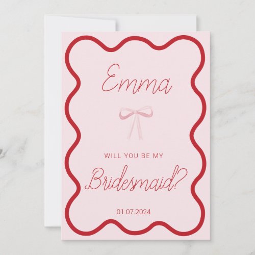 Red pink wavy will you be my bridesmaid proposal invitation