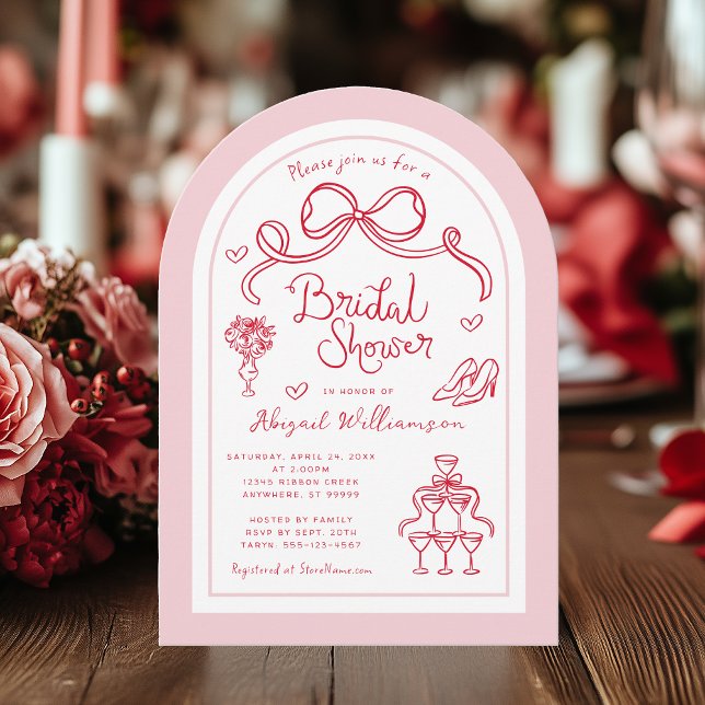 Red Pink Whimsical Bow Illustration Bridal Shower Invitation (Shown on a 5 x 7" invitation with Arch Corner Style)