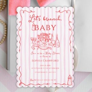 Red Pink Whimsical Doodle Let's Brunch Baby Shower Invitation