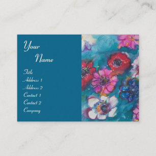 RED PINK WHITE COLORFUL FLOWERS IN BLUE MONOGRAM BUSINESS CARD