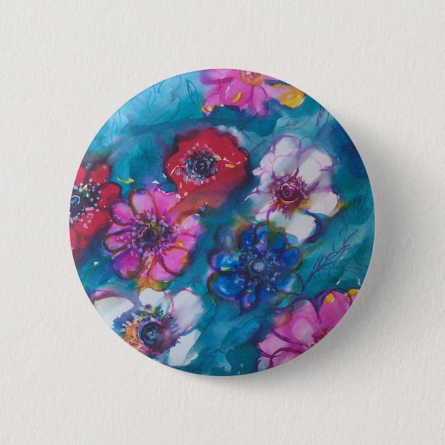 RED PINK WHITE COLORFUL FLOWERS IN BLUE PINBACK BUTTON (Front)