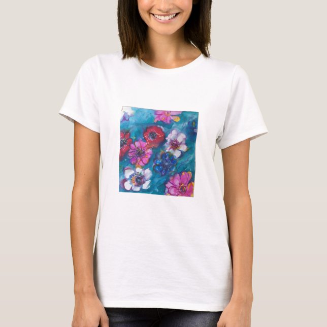 RED PINK WHITE COLORFUL FLOWERS IN BLUE T-Shirt (Front)