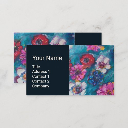RED PINK WHITE FLOWERS IN BLUE FLORAL MONOGRAM  BUSINESS CARD