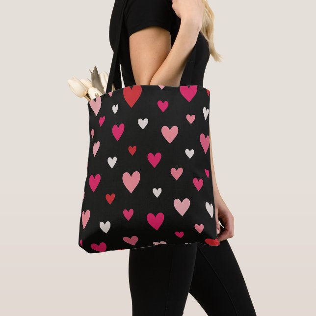 Red, Pink & White Hearts Black  Tote Bag (Close Up)