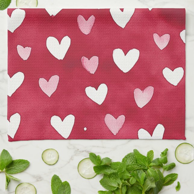 Red Pink White Hearts Kitchen Towel (Folded)