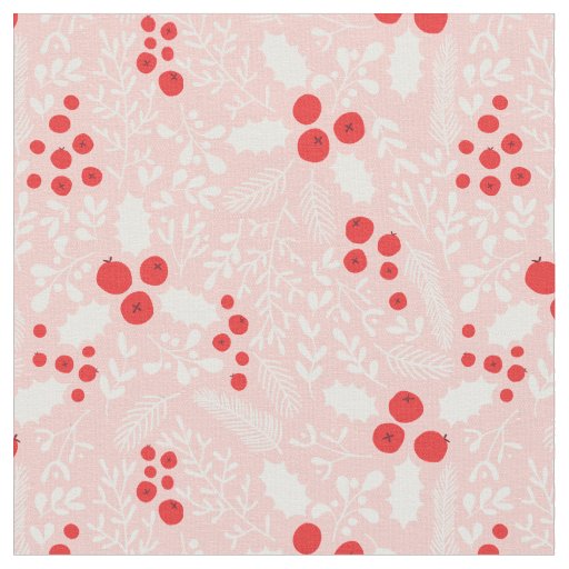 Red Pink White Holly Berries Mistletoe Christmas Fabric