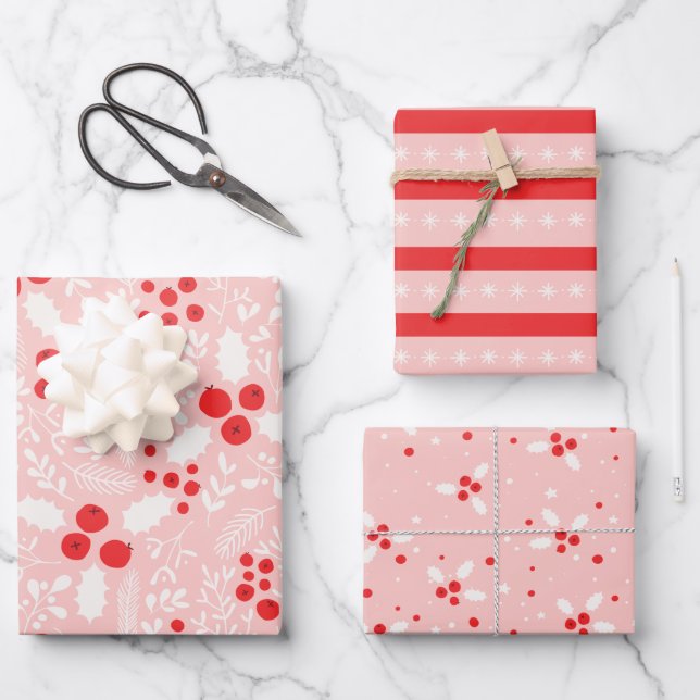 Red Pink White Holly Berries Mistletoe Christmas Wrapping Paper Sheets (Front)