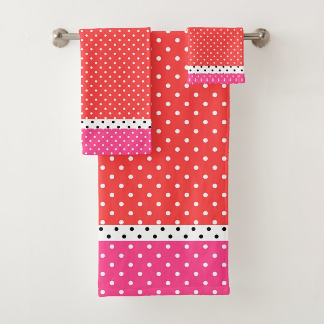 Red Pink White Polka Dots   Bath Towel Set (Insitu)