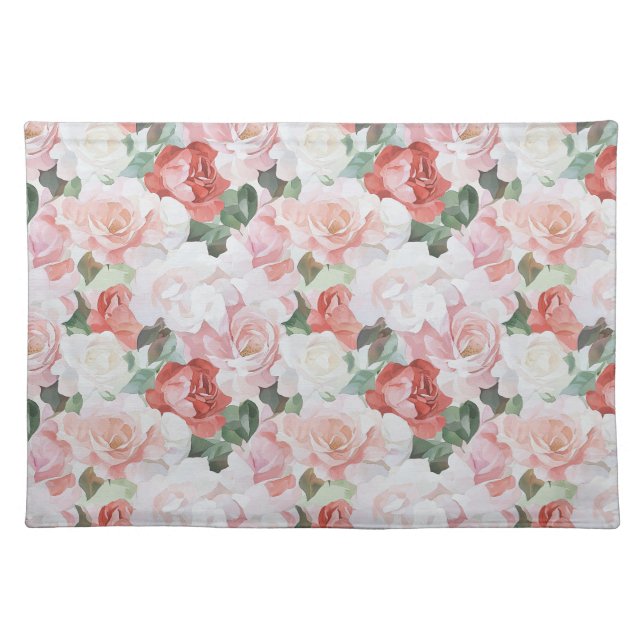 Red Pink White Roses Floral Bridal Shower Cloth Placemat (Front)
