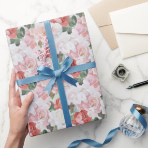 Red Pink White Roses Floral Bridal Shower Wrapping Paper