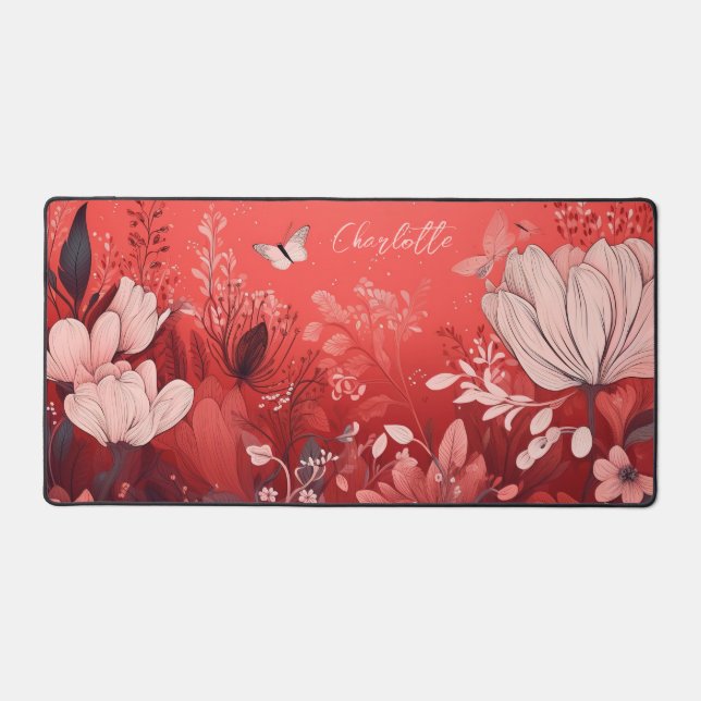 Red Pink Wildflower Butterfly Personalized Name Desk Mat (Front)