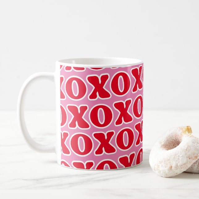 Red Pink XOXO Pattern Coffee Mug (With Donut)