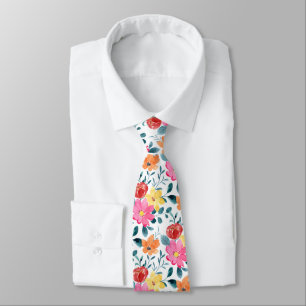 Red Pink Yellow and Orange Floral Watercolor Neck Tie