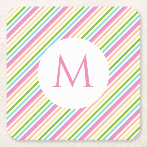 Red Pink Yellow Blue Green White Stripes Monogram Square Paper Coaster