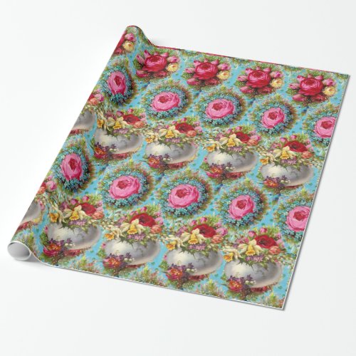 RED PINK YELLOW ROSESEASTER EGGS IN BLUE FLORAL WRAPPING PAPER