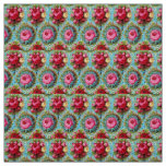 RED PINK YELLOW ROSES IN BLUE FABRIC