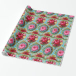 RED PINK YELLOW ROSES IN BLUE WRAPPING PAPER<br><div class="desc">Elegant , colorful vintage floral design, red pink yellow cabbage rose on aqua blue teal background.with a black stripe,  classy  monogram design with bright colors.Easily customizable with your initials  for wedding, special occasions, birthdays, sweet 16, quinceanera, bridal showers, anniversary celebration announcements</div>