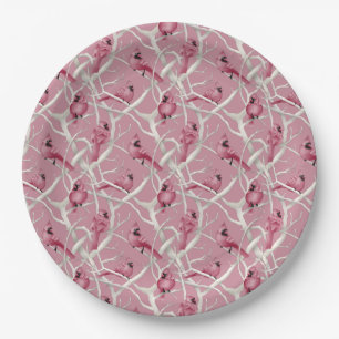 Red PinkWinter Woodland Christmas Cardinal Birds Paper Plates