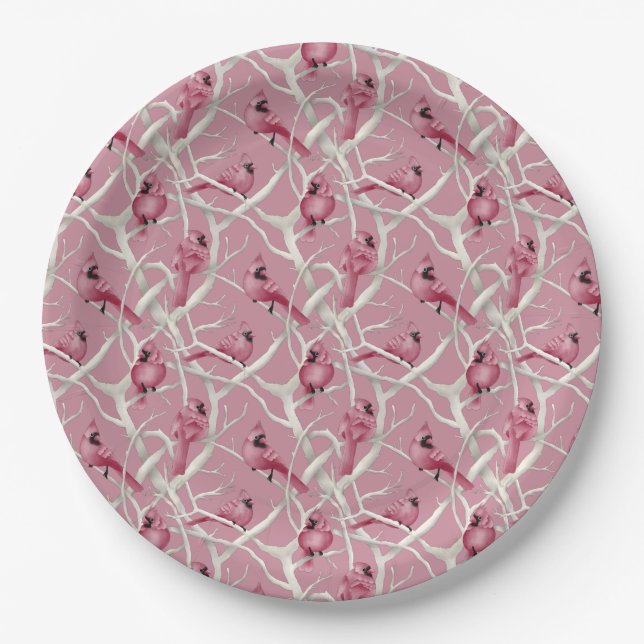 Red PinkWinter Woodland Christmas Cardinal Birds Paper Plates (Front)