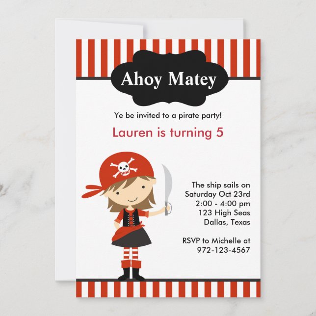 Red Pirate Girl Birthday Invitations (Front)