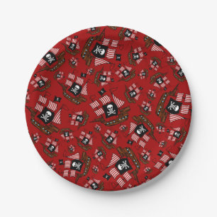Red pirate ship pattern paper plates