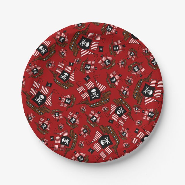 Red pirate ship pattern paper plates (Front)