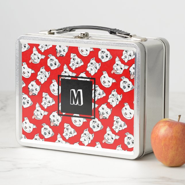 Red Pit Bull Dog Pattern Monogram Metal Lunch Box (In Situ)