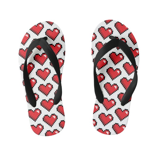 Red Pixel Heart Video Game Kid's Flip Flops (Footbed)