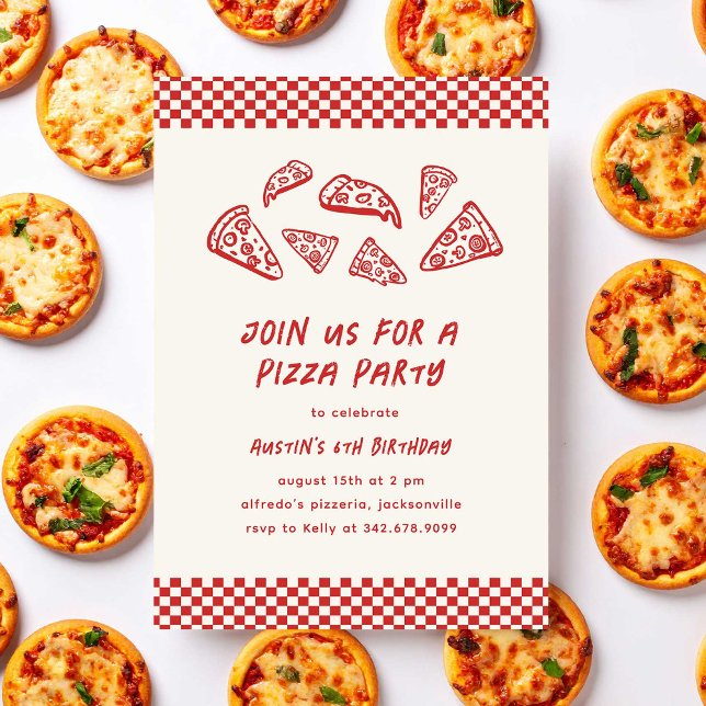 Red Pizza Party Kids Birthday Quirky Hand-drawn Invitation (quirky hand-drawn pizza birthday party invitation for kids)