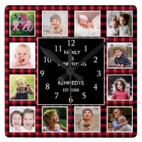 Red Plaid 12 Photo Collage Family Quote Christmas Square Wall Clock