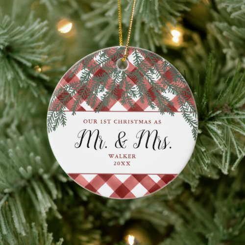 Red Plaid 1st Christmas As Mr  Mrs Personalized Ceramic Ornament