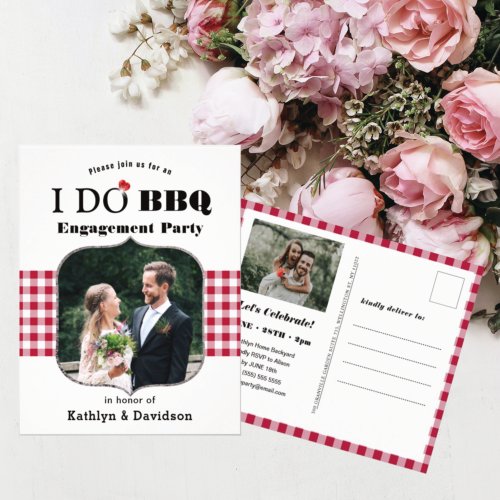 Red Plaid 2 Photo I DO Engagement Party Invitation Postcard
