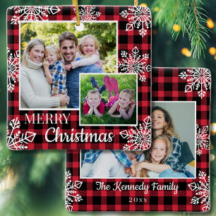Red Plaid 3 Photo Snowflakes Merry Christmas Ceramic Ornament