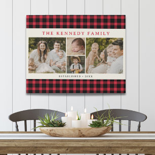 Red Plaid 4 Photo Collage Family Name Farmhouse Faux Canvas Print
