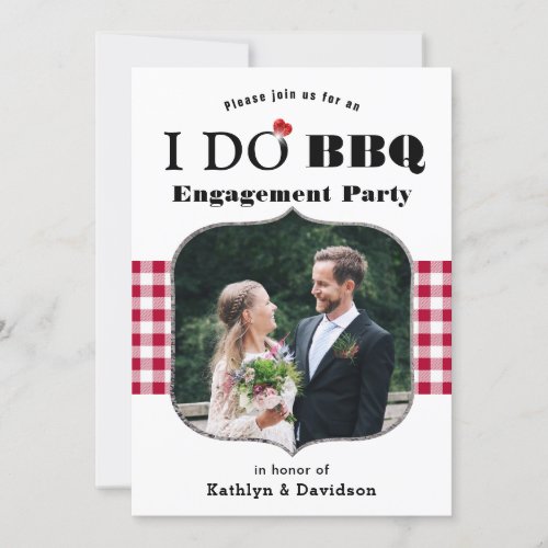 Red Plaid 5 Photo I DO Engagement Simple BBQ Party Invitation