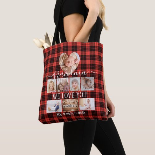 Red Plaid 8 Photo Collage Family Keepsake Name  Tote Bag