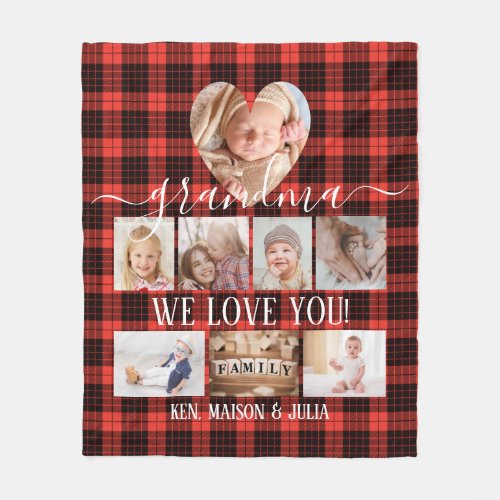 Red Plaid 8 Photo Collage Gift Personalized  Fleece Blanket